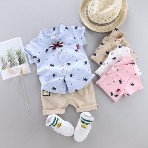 Boys Casual Crown Print Shirt Two-Piece Set