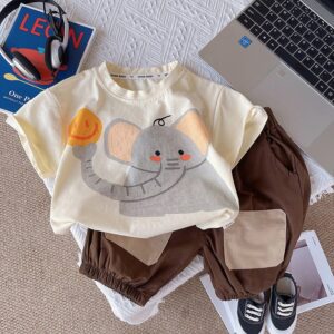 Boys Fashion Cartoon Elephant Print T-Shirt Two-Piece Set