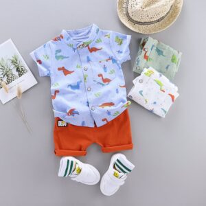 Boys Fashion Dinosaur Print Short-Sleeved Shirt Two-Piece Set