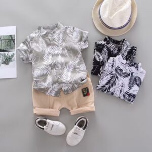 Boys Fashionable Leaf Print Shirt Two-Piece Set