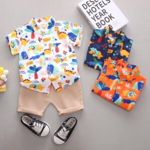 Boys Fashion Cartoon Dinosaur Print Shirt Two-Piece Set
