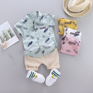 Boys Fashion Feather Print Short Sleeve Shirt Two-Piece Set