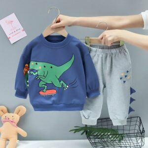 Boys Casual Cartoon Dinosaur Print Sweatshirt Two-Piece Set