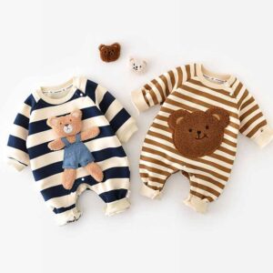 Kids Baby Boys Girls Spring Autumn Casual Cute Cartoon Stripe Print Fleece Long Sleeve Romper