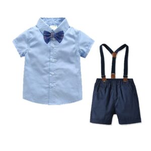 Boys Short-sleeves Single-breasted Shirt And Suspender Trousers With Bow Tie