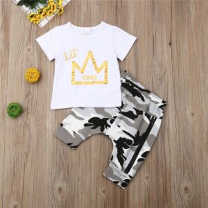 Boys Fashion Crown Pattern T-Shirt And Camouflage Pants Set
