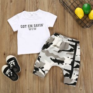 2 Pcs Boy Letter Print Short Sleeve Tee And Camouflage Print Pants Set