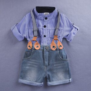 Boys Long-sleeves Striped Shirt And Suspender Trousers Set