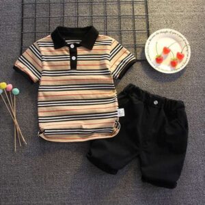 2pcs/set Boys Casual Stripe Lapel Short Sleeve Set