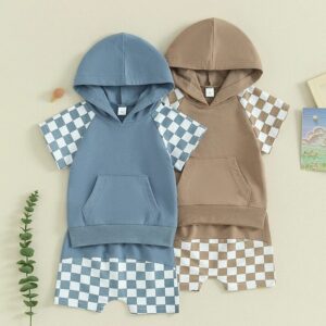 Kids Baby Boys Casual Cute Plaid Print Short Sleeve Hooded Top Shorts Set