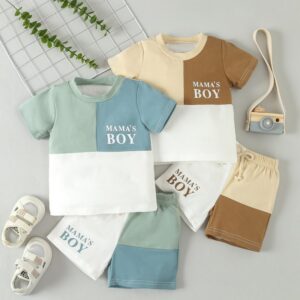 Kids Baby Boys Casual Cute Colorblock Letter Print Short Sleeve Round Neck T-Shirt Shorts Set
