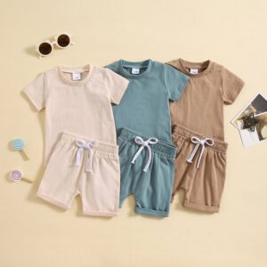 Kids Baby Boys Girls Casual Sports Solid Color Short Sleeve Round Neck T-Shirt Shorts Set