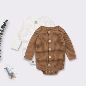 Kids Baby Boys Girls Casual Cute Solid Color Rib-Knit Long Sleeve Knit Romper