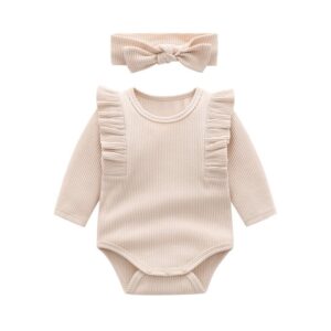 Kids Baby Boys Girls Casual Cute Solid Color Rib-Knit Long Sleeve Romper
