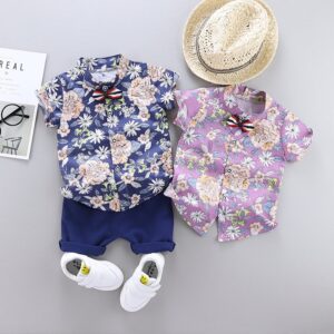 Baby Boys Casual Flower Pattern Short Sleeve Single-breasted Shirt And Shorts Set