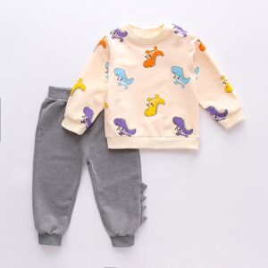 Baby Boys Cartoon Dinosaur Round Neck Long Sleeve Sweatshirt And Sweatpants Two-piece Set