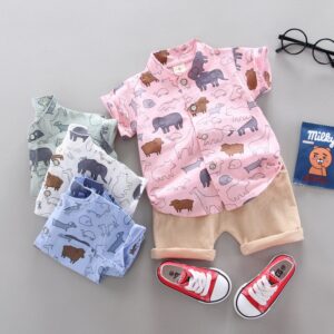Baby Boys Casual Animal Pattern Short Sleeve Single-breasted Shirt And Shorts Set