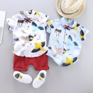 Baby Boys Casual Bird Pattern Short Sleeve Single-breasted Shirt And Shorts Set