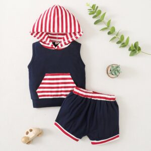 Toddlers Newborn Baby Fashion Boys Stripe Stitching Sleeveless Hoodie And Shorts 2pcs Set