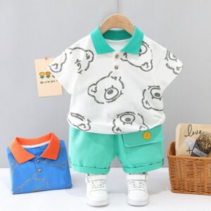 Toddlers Newborn Baby Fashion Boys Bear Print Short Sleeve Polo Shirt And Shorts 2pcs Set