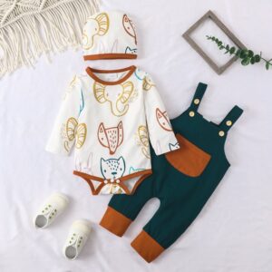 Toddler Baby Infant Boys Long Sleeve Animal Print Bodysuit And Jumpsuit 3pcs Set