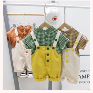 Baby Boys Cute Short-sleeved Single-breasted Plaid Shirt And Suspender Trousers Set