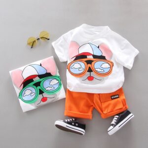 Baby Boys Cute Cartoon Puppy Pattern Round Neck Short Sleeve Loose T-Shirt And Shorts Set