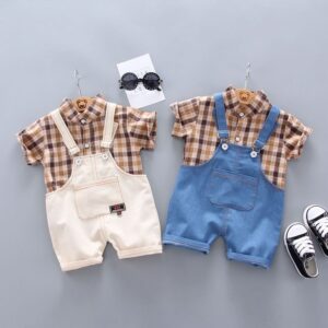 Toddlers Newborn Baby Boys Short Sleeve Plaid Shirt And Jumpsuit 2pcs Set