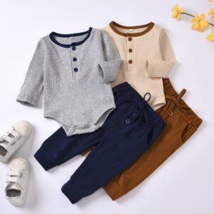 Baby Boys Simple Solid Color Round Neck Long Sleeve Romper And Pants Set