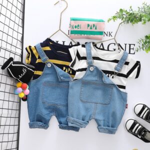 Baby Boys Cute Round Neck Short-sleeved T-Shirt And Denim Suspender Trousers Set