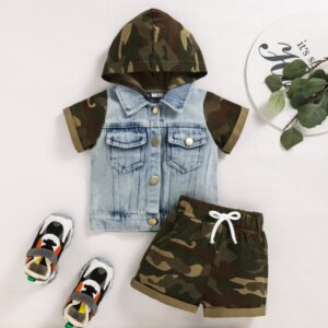 Toddlers Newborn Baby Fashion Boys Camouflage Patchwork Hooded Top And Shorts 2pcs Set