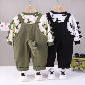 Toddlers Newborn Baby Fashion Boys Long Sleeve Dinosaur Sweatshirt And Overalls 2pcs Set