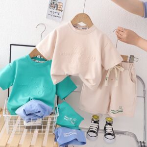 Toddlers Newborn Baby Fashion Boys Casual Sports Short Sleeve Cartoon Bear Solid Color T-Shirt And Shorts 2pcs Set