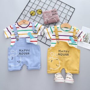 Baby Boys Cute Cartoon Animal All Over Print Short Sleeve Single-breasted Shirt And Denim Suspender Trousers Set