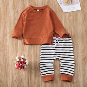 Boys Casual Round Neck Long Sleeve Solid Color Sweatshirt And Stripe Sweatpants Set