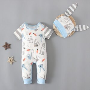 Boys Easter Round Neck Short Sleeve Cartoon Rabbit Stripe Jumpsuit With Hat Two-piece Set