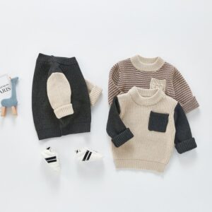 Baby Casual Round Neck Long Sleeve Pocket Knitwear