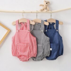 Unisex Babies Soft Denim Check Solid Color Suspenders Romper