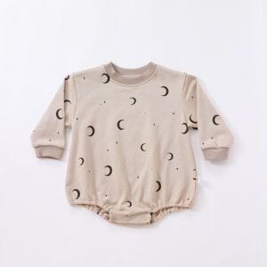 Kids Baby Unisex Spring Autumn Casual Cute Moon Dinosaur Olive Leaf Pattern Long Sleeve Round Neck Bodysuit