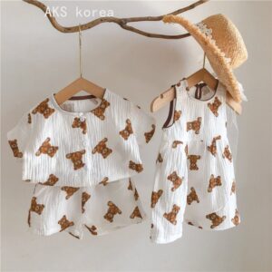 Kids Cute Bear Print Linen Cotton Cardigan Shorts Two-Piece Suit