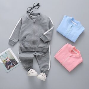 Kids Casual Stripe Long Sleeve Zipper Coat And Pants Set