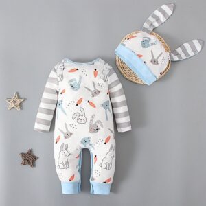 Easter Kids Casual Round Neck Long Sleeve Cartoon Rabbit Carrot Pattern Striped Jumpsuit With Cap Set