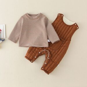 Baby Casual Round Neck Long Sleeve Stripe T-Shirt And Thickening Jumpsuit Set