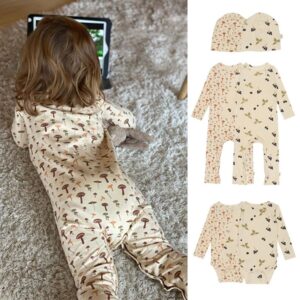 Baby Casual Round Neck Long Sleeve Mushroom Fruit Plant Pattern Jumpsuit