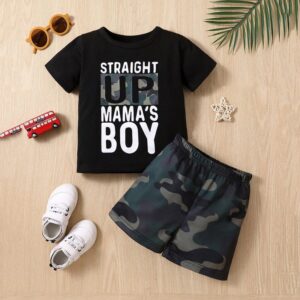 Children Kids Teenagers Fashion Boys Letter Camouflage Print Short Sleeve T-Shirt And Shorts 2pcs Set