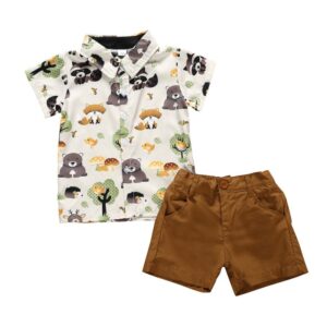 Boys Basic Lapel Short Sleeve Cartoon Animal Single Breasted Shirt And Shorts Set