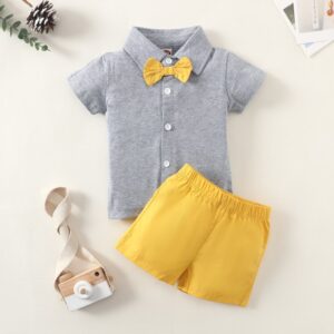Boys Basic Lapel Bow Single-breasted Short Sleeve Shirt And Solid Color Shorts Set