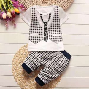 Boys Basic Round Neck Short Sleeve Plaid Pattern Fake Two Piece Tee And Elastic Pant Set