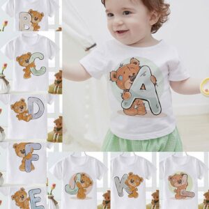 Kids Cute Cartoon Bear Letter Figure Print Round Neck Short Sleeve T-Shirt