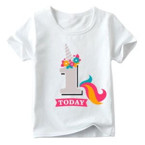 Kids Cute Cartoon Unicorn Number Pattern Round Neck Short Sleeve Birthday Loose T-Shirt